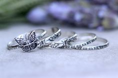 This gorgeous and dainty butterfly stacking ring set features one intricate sterling silver butterfly dotted ring band with two matching dotted rings and two Art Nouveau stacking bands. All together they make a beautiful and elegant stacking set in honor of all the beautiful butterflies all over who stay busy pollinating our gardens and helping to keep all of us alive. Wear this stacking set with any outfit to show your love of nature and butterflies! Set includes: -2 sterling silver Art Nouveau Stay Busy, Dainty Butterfly, Chunky Silver Rings, Valentines Gift For Her, Dot Ring, Stackable Jewelry, Sterling Silver Stacking Rings, Stacking Ring Set, Stacking Bands