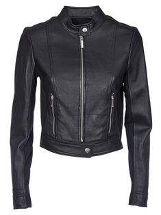 100% Lambskin Leather, 97% Polyester, 3% Spandex/Elastane | Michael Kors Women's Cropped Leather Biker Jacket in Black | FW23/24 Blue Leather Jacket, American Fashion Designers, Leather Biker Jacket, Black Leather Jacket, Jacket Design, Michael Kors Black, Lambskin Leather, Biker Jacket, Outerwear Jackets