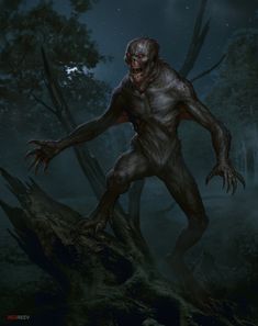 an image of a creepy creature in the woods at night with blood on his face