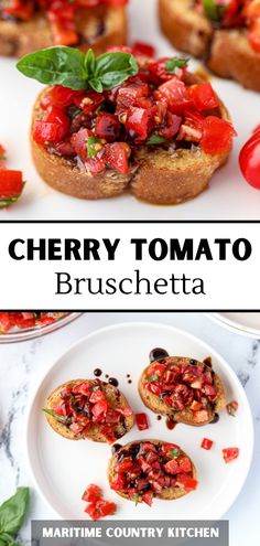 cherry tomato bruschetta with basil leaves and tomatoes on the side, served in toasted bread