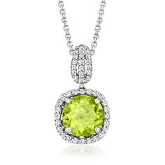 Ross-Simons - 2.10ct Peridot, .24ct t. w. Diamond Pendant Necklace in 14kt White Gold. 16". It's truly stunning how much a fresh shade of green can awaken your wardrobe's potential. This pendant necklace, featuring a bright 2.10 carat round peridot haloed by shimmery .24 ct. t. w. round brilliant-cut diamonds, will add a newfound sense of energy to your personal style. Set in 14kt white gold. Suspends from a cable chain. Springring clasp, diamond and peridot pendant necklace. Peridot birthstones Fine Jewelry Lime Green Diamond, Fine Jewelry With Lime Green Diamond, Green Round Diamond Cut Necklace, Round Peridot Jewelry With Halo Setting, Classic Peridot Jewelry With Halo Setting, Classic Peridot Jewelry With Brilliant Cut, Peridot Birthstone, August Birthday, Peridot Pendant