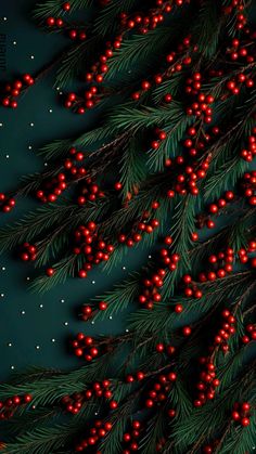 red berries are hanging from the branches of a christmas tree