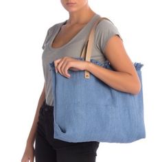 Check Out This Great Tote. Just In Time To Use On Your Next Get-A-Way This Season. Nice And Roomy, Very Stylish And Available In Seasonal Colors That Pop. Dual Top Pull Handles - Snap Closure - Exterior Features A Heavy Weight Woven Construction, Very Durable Material, Frayed Edges - Interior Features Unlined - Approx. 16" W X 16.5" H X 4" D - Approx. 6.5" Strap Drop - Imported #60. Brand New Item Not Used Chic Blue Cotton Bag, Spring Blue Shoulder Bag With Leather Handles, Blue Shoulder Bag With Leather Handles For Spring, Blue Leather Handle Shoulder Bag For Summer, Casual Blue Shoulder Bag With Leather Handles, Blue Woven Shoulder Bag For Spring, Blue Woven Bags For Spring, Blue Cotton Shoulder Bag For Vacation, Light Blue Spring Vacation Bag