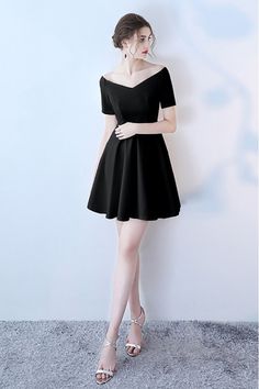 Short Black V-neck Homecoming Dress with Short Sleeves - $59 #HTX86091 - SheProm.com Black Dress V Neck Short, Fitted Black A-line V-neck Dress, Black Mini Length V-neck Dress For Spring, Black Mini-length V-neck Dress For Spring, Black Fitted V-neck Dress With Short Sleeves, Black Off-shoulder Cocktail Dress, Black Mini V-neck Dress For Spring, Black Short Sleeve Dress For Spring, Black A-line V-neck Dress For Formal Occasions