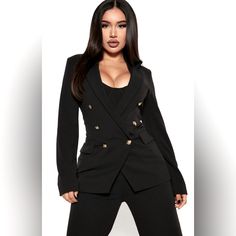 Fashion Nova Blazer Nova Luxe Black With Gold Buttons Retail: $129 Size Small Like New, Never Worn Trendy Black Formal Blazer, Trendy Double-breasted Blazer For Night Out, Black Double-breasted Career Blazer, Double-breasted Black Career Blazer, Tailored Double-breasted Outerwear For Night Out, Black Double-breasted Outerwear For Office, Trendy Black Blazer For Work, Trendy Black Blazer For Workwear, Elegant Double-breasted Outerwear For Night Out