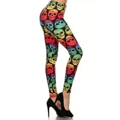 We'Re Taking The Macabre Out Of Skeletons With Our Buttery Soft Chroma Skull Leggings. These Sassy Multi-Colored Leggings Feature A Repeat Skull Pattern That Will Bring Vibrancy To Any Outfit. Whether It'S Halloween Or Summer, Throw The Colorful Leggings On With A Sweater Or T-Shirt Fun And Eye-Catching Aesthetic. Imported A Multi-Colored Ombre Style Rainbow Skull Print Legging Reg One Size Fits Sizes (10 - 12 Depending On Body Type) 92% Polyester 8% Spandex Machine Wash (Delicate) Or Ha Casual Stretch Leggings With Skull Print, Casual Skull Print Stretch Leggings, Casual Skull Print Leggings, Trendy Black Bottoms With Skull Print, Skull Leggings Outfit, Rainbow Skull, Colored Leggings, Coloured Leggings, Pink Activewear