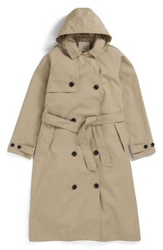 Give your rainy-day look a refresh in this classic trench coat designed with waterproof protection and a removable hood so you stay stylish and dry in wet weather. 43" length (size 10uk) Double-breasted button closure Stand collar; removable hood Belted cuffs Removable tie belt Gun flap Storm flap Seam sealed Waterproof rating: 5,000mm Breathability rating: 5,000 g/m² Lined, with organic cotton 100% organic cotton Imported Waterproof Long Coat Raincoat For Spring, Waterproof Long Raincoat For Spring, Classic Weatherproof Winter Raincoat, Classic Winter Weatherproof Raincoat, Classic Solid Waterproof Raincoat, Classic Waterproof Solid Color Raincoat, Classic Waterproof Solid Raincoat, Classic Waterproof Raincoat For Fall, Classic Winter Raincoat For Outdoor