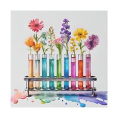 a painting of colorful flowers in test tubes