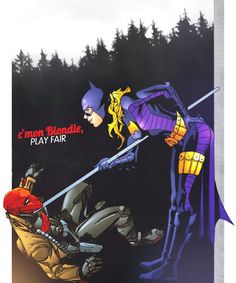 batman and catwoman playing with each other in front of the woods, text reads c'mondo play fair