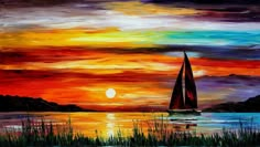 a painting of a sailboat on the water at sunset with an orange and blue sky