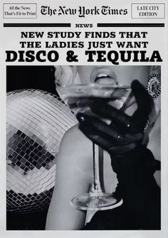 an advertisement for disco and tequila with a woman holding a wine glass in her hand