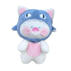 a blue and white stuffed animal with pink cheeks