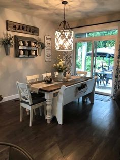 a dining room table and chairs in front of a sliding glass door