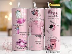 three pink tumbles with designs on them and the words nurse written in white lettering