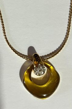 Nina Ricci Necklace, SIGNED, Triple 22kt gold plated, Light Topaz Resin and Swarovski crystal, Designer, Vintage, Canadian 16 inches Yellow Round Necklaces With Diamond Accents, Gold Crystal Necklace Costume Jewelry, Gold Crystal Costume Jewelry Necklace, Yellow Gold Plated Necklaces For Anniversary, Formal Yellow Necklaces With Polished Finish, Formal Yellow Necklace With Polished Finish, Yellow Costume Jewelry Necklace For Formal Occasions, Yellow Costume Jewelry Necklace For Formal Events, Gold-plated Crystal Necklace