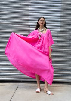 Anaak Hanoi Caftan Dress in Fuchsia – VESTIGE Spring Silk V-neck Kaftan, Pink Floor-length Summer Kaftan, Pink V-neck Beach Kaftan, Summer V-neck Kaftan With Vibrant Print, Vibrant Maxi-length Spring Kaftan, Fitted Maxi Dress, Caftan Dress, Summer Essentials, Flutter Sleeve