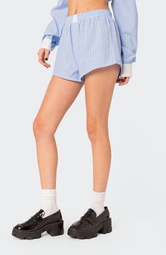 These pinstriped shorts are crafted from a soft cotton blend with an elastic waist for all-day comfort. Elastic waist 50% cotton, 50% polyester Machine wash, dry flat Imported Cute Boxers, Pinstripe Pattern, Bloomers Shorts, Swimwear Dress, Pattern Matching, Boxer Shorts, Matching Top, Baby Tee, S Models