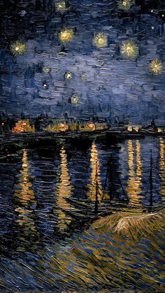 a painting of the night sky with stars over water