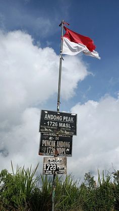 there is a sign with a flag on it and some signs in the foreground