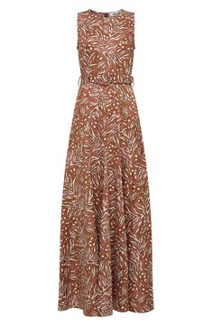 A bold print adds standout sophistication to an airy sleeveless dress made from lightweight cotton and linen and cinched at the waist by a matching belt. Hidden back-zip closure Crewneck Sleeveless Side-seam pockets Removable belt 84% cotton, 16% linen Dry clean Imported Chic Brown Printed Dress, Sleeveless Printed Brown Maxi Dress, Brown Sleeveless Printed Maxi Dress, Sleeveless Brown Floral Print Maxi Dress, Brown Floral Print Sleeveless Maxi Dress, Sleeveless Brown Floral Maxi Dress, Water Tiger, Linen Maxi Dress, Bold Prints