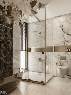 an elegant bathroom with marble walls and flooring