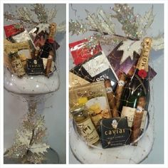 two pictures of wine bottles and snacks in a glass vase with snowflakes on the side