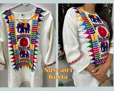 Are you looking for a kurta to wear it on Navratri or a daily-use? I got you covered. This absolutely stunning kurta will give you special attention & brings you out of crowd. Beautiful & unique to wear it on Navratri.  Kurta: I have made it and precisely stitched it with the cotton fabric, which will help to wear it on any special occasion or even daily outfit. The beautiful and traditional design of elephant, flowers & triangle has been done with the embroidery machine.  This beautiful kurta for women is 26 Inches in full length & sleeve is 17 Inches, which has also unique work on sleeves. All sizes are available: S/M/L/XL/XXL/XXXL & deliver & free shipping to worldwide. Use of this Kurta: Navratri festival, Traditional occasion, Daily use, Best for handmade gift, Casual Outfits, Ceremon Bohemian White Kurta With Mirror Work, White Bohemian Kurta With Mirror Work, White Dori Work Kurta For Navratri, Multicolor Kurta For Puja And Navratri, Bohemian Self Design Kurta For Festivals, Multicolor Straight Kurta For Navratri, Multicolor Kurta With Mirror Work For Navratri, Navratri Festival Straight Kurta, Multicolor Mirror Work Kurta For Navratri