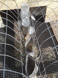 there are three cups on the bottom of this wire basket with water in it and two empty plastic bottles sitting next to each other