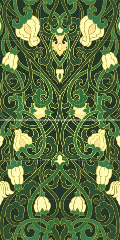 an art nouveau design with green and yellow colors on the sides, including swirls