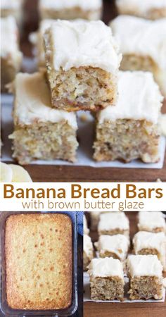 banana bread bars with brown butter glaze are stacked on top of each other and ready to be eaten