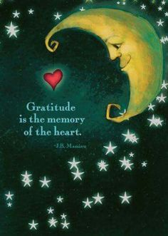 a painting of a crescent with stars and a heart hanging from it's side that says, gratitue is the memory of the heart