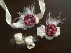 Vintage rose and ivory christening headband, sash, and barefoot sandals Flowers Headband, Lace Headband, Vintage Headbands, Chiffon Flowers