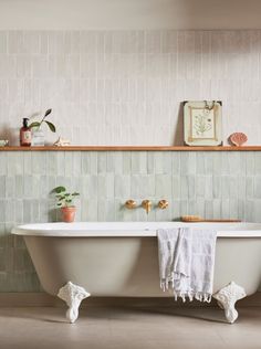 a white bath tub sitting under a window next to a shelf filled with potted plants