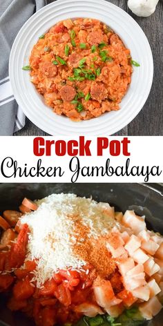 Top photo is of Crock Pot Chicken Sausage Jambalaya in a bowl. Bottom photo is of Crock Pot Chicken Sausage Jambalaya in Crock Pot. There is a white banner between the two photos with text Crock Pot Chicken Jambalaya.