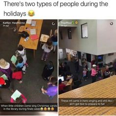 two pictures of people in an office with text that reads, there's two types of people during the holidays