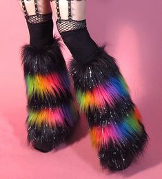 Rave Fluffies, Fluffy Leg Warmers, Rave Fits, Scene Outfits, Black Rainbow, Scene Fashion, Scene Kids, Rave Wear, Rave Outfits