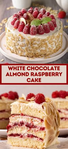 white chocolate almond raspberry cake with fresh raspberries on the top and bottom