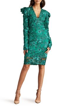 Be a verdant vision of absolute elegance in a fitted cocktail dress covered in tonal blooms and fixed with flounce at the shoulders. 41" length Hidden back-zip closure Deep V-neck Long sleeves Lined 80% polyester, 20% nylon Dry clean Imported Fitted Cocktail Dress, Long Sleeve Embroidered Dress, Ruffle Bodycon Dress, Ruffle Bodycon, Wedding Slippers, Tadashi Shoji Dresses, Long Sleeve Cocktail Dress, Tadashi Shoji, Under Dress