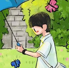 a drawing of a boy holding an umbrella in the grass with a butterfly on it