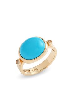 A smooth semiprecious stone flanked by two sparkling diamonds brings delightful color to this delicate ring handcrafted in 14-karat gold. Total diamond weight: 0.06ct. Color: G–H Clarity: SI2 14k gold/chrysoprase or turquoise/diamond Made in Canada Ring Jewellery Design, Turquoise Gold Ring, Gold Ring Designs, Oval Ring, Pretty Jewelry, Ring Watch, Oval Rings, Rocks And Gems, Turquoise Rings