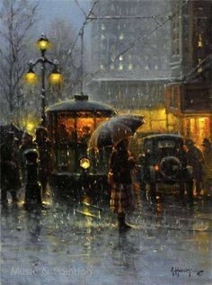 a painting of people walking in the rain with an umbrella and trolley car behind them