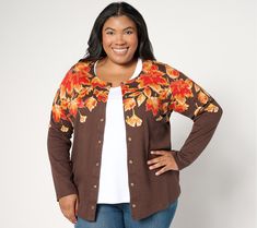 That crisp, chill breeze that permeates your mornings means Fall is in the Air. This cozy cardigan captures the essence of autumn with a vibrant leaf print that cascades from the top. Reach for this cute coverup when you want to stay warm and stylish. From Quacker Factory. Cute Coverups, Fall Is In The Air, Cozy Cardigan, Printed Cardigan, Leaf Print, Leaf Prints, Sweater Fashion, Stay Warm, Sweaters & Cardigans