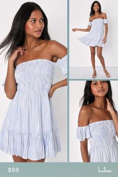 Your next day date just got so much sweeter thanks to the Lulus Darling Romantic Blue Striped Smocked Off-the-Shoulder Dress! Lightweight woven fabric boasts a striped pattern, accented by shiny silver lurex threading throughout, as it shapes a smocked bodice framed by short, fluttery off-the-shoulder sleeves. High, fitted waist sits atop a cute tiered skater skirt that ends at a flirty mini hem. Fit: This garment fits true to size. Length: Mid-thigh. Size medium measures 27" from top to bottom. Romantic Blue, Lulu Fashion, Shiny Silver, Threading, Shoulder Sleeve, Blue Stripes, Skater Skirt, Woven Fabric, Smocking