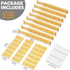 the package includes 6 dividers, 4 inserts and 3 sets of wooden labels