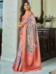 Elevate your ethnic wardrobe with our enchanting lavender floral printed silk saree with blouse. This stunning saree features a beautiful lavender color with digital print work and intricate zari weaving details, making it the perfect choice for any special occasion. The silk material drapes beautifully and ensures utmost comfort throughout the day. Paired with the peach color silk blouse with zari weaving work, this saree exudes elegance and grace.
This saree include the luxurious silk fabric t Phenomenal Lavender, Silk Printed Saree, Blue Silk Saree, Traditional Silk Saree, Floral Saree, Eternal Beauty, Simple Sarees, Lavender Floral, Half Sleeve Blouse