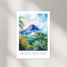 a painting of a volcano surrounded by palm trees and clouds with the words arenal volcano on it