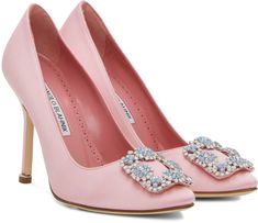 Handcrafted viscose- and silk-blend satin heels in pink. · Pointed toe · Crystal-cut buckle hardware at vamp · Grained kidskin lining · Covered stiletto heel with rubber injection · Calfskin nubuck sole · Heel: H4 Supplier color: Light pink Luxury Pink Heels With Buckle Closure, Designer Pink Heels With Buckle Closure, Pink Heels For Spring Galas, Silk High Heels For Cocktail Occasions, Pink Closed Toe Heels For Galas, Luxury Silk Heels With Pointed Toe, Luxury Silk Pointed Toe Heels, Feminine Evening Heels With Buckle Closure, Silk Heels For Spring Formal Occasions