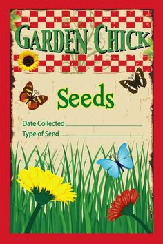 a sign that says garden chick seeds with butterflies on the grass and sunflowers