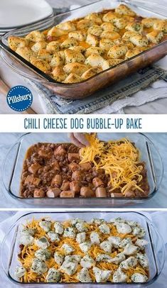 two pictures showing how to make chili cheese dog bubble - up bake in the oven