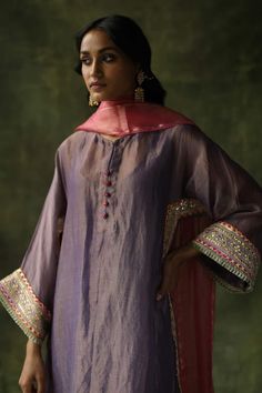 Buy Purple : Chanderi Silk Embroidery Gota V Neck Dia Set For Women by Begum Pret Online at Aza Fashions. Designer Dresses Indian Salwar Kameez, Magenta Pants, Navratri 2024, Brocade Pants, Suits 2023, Eastern Wear, Green Dupatta, Classic Mirror, Embellishment Details